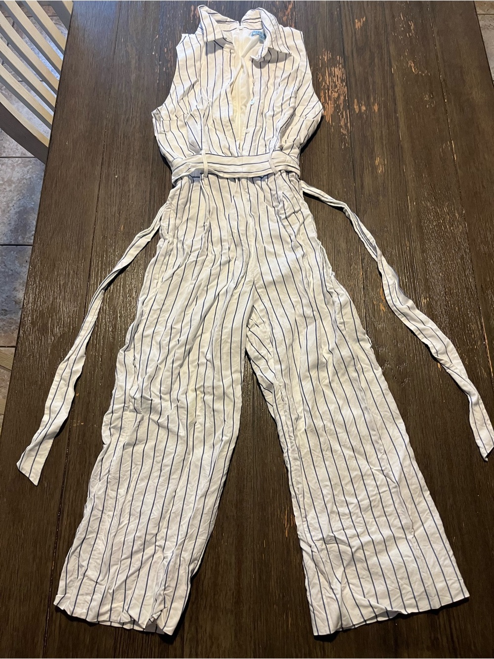 ANTONIO MELANI White Sleeveless Striped Jumpsuit with Navy Pinstripes